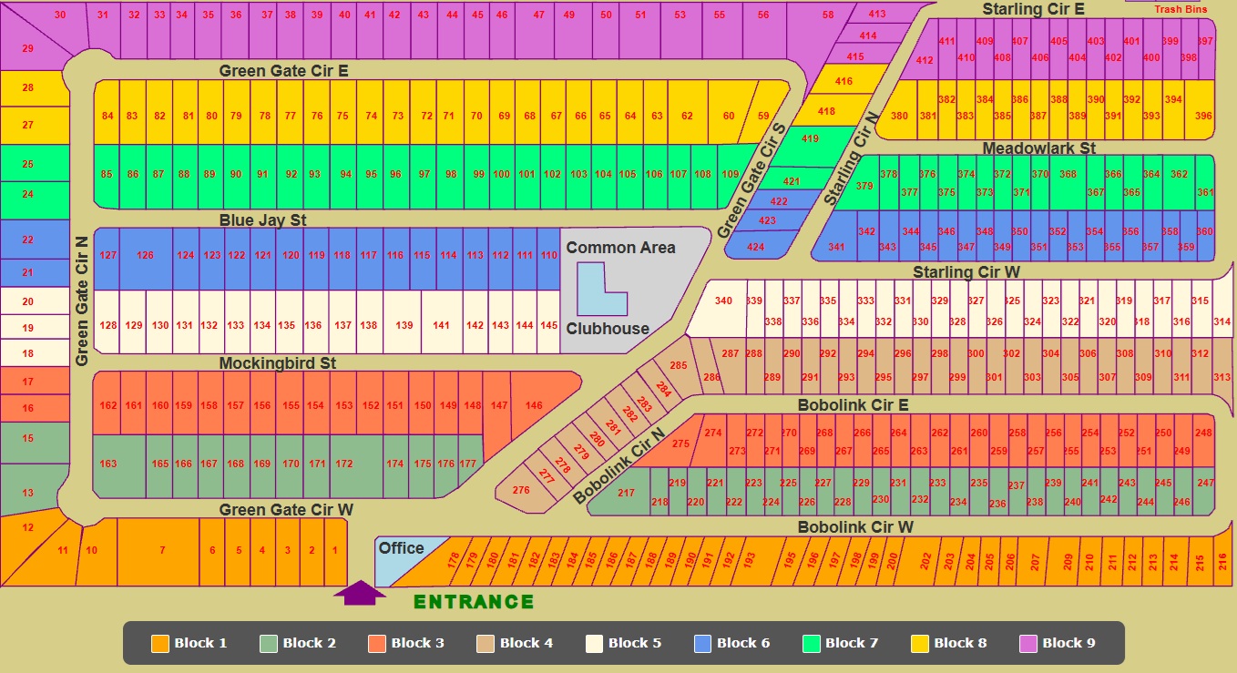 Green Gate Grove lot map, blocks 1 through 9